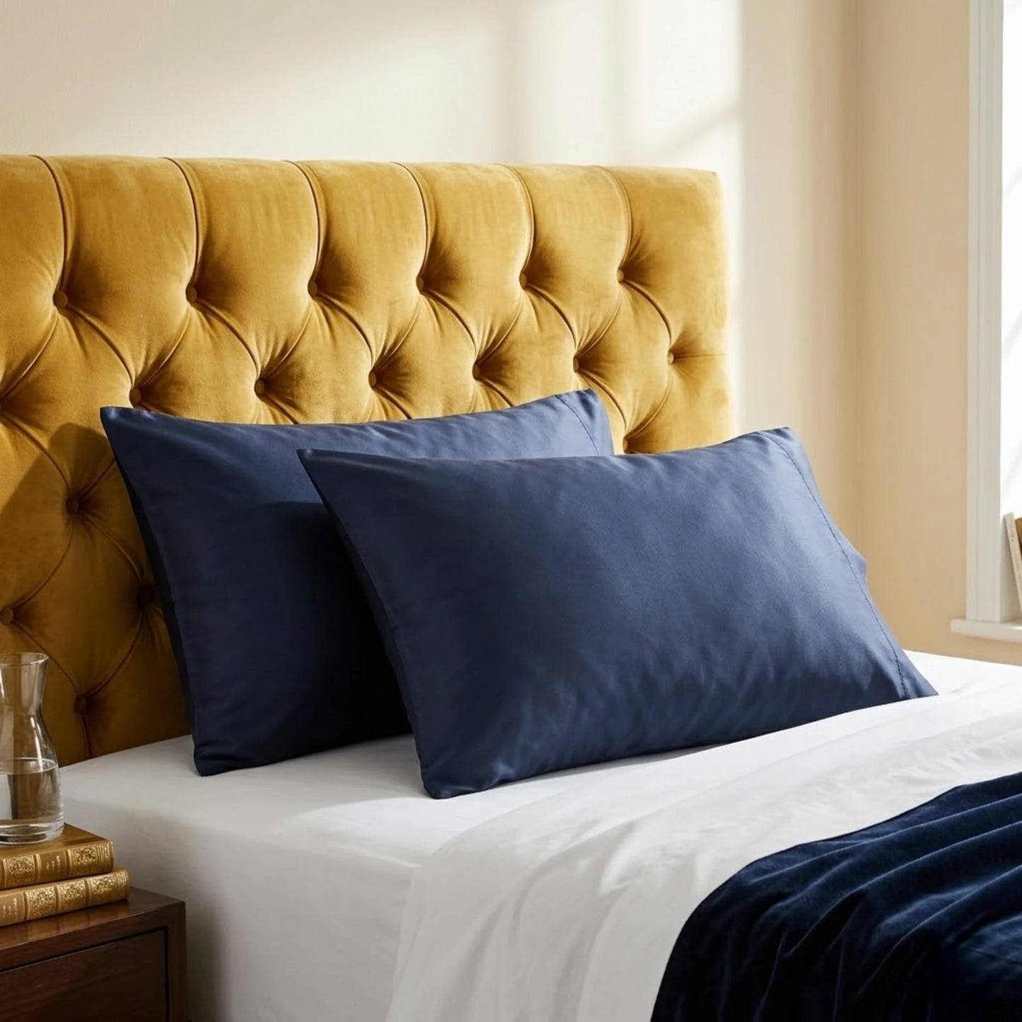 Navy bamboo lyocell pillowcase — close-up of smooth deep blue fabric with premium finish.