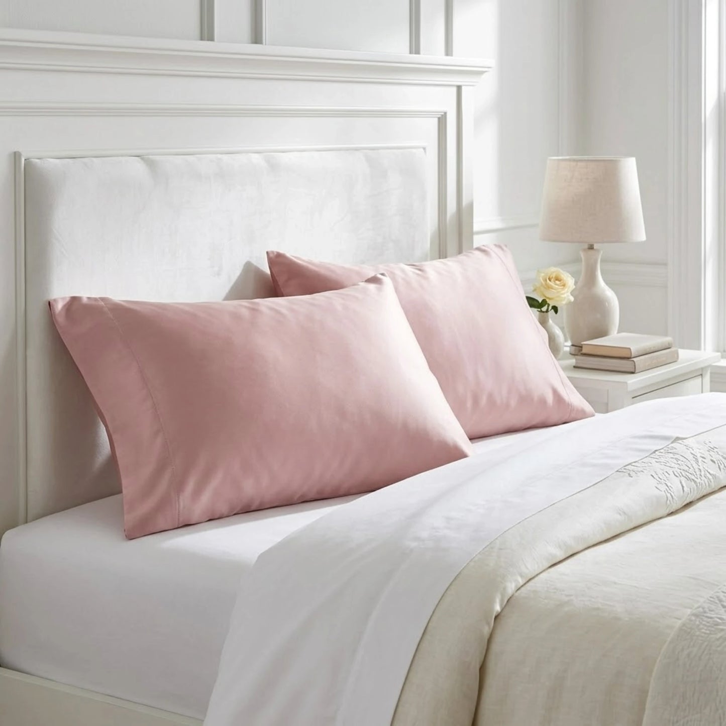 Pink bamboo lyocell pillowcase — draped fabric showing smooth texture and premium finish.