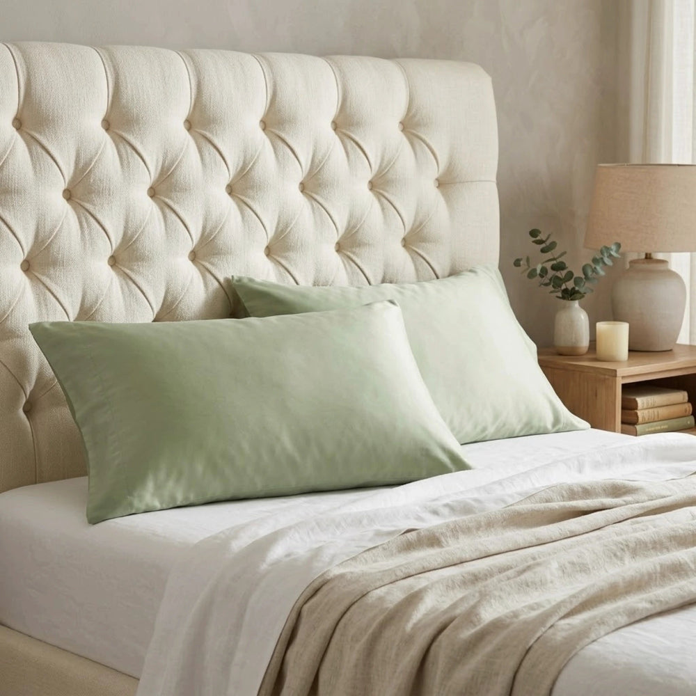Bed with green pillows, beige bedding, and a tufted headboard in a bedroom setting.
