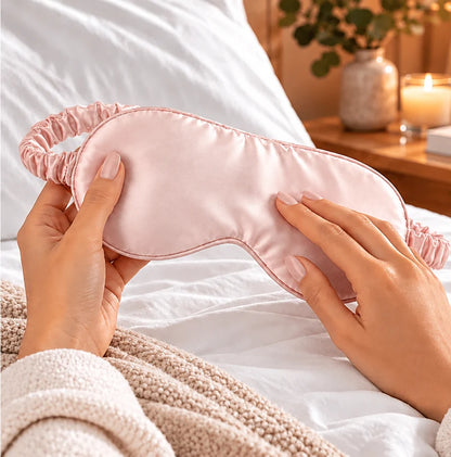 Hands holding a blush pink bamboo lyocell sleep eye mask, showing the soft fabric and fine finish.