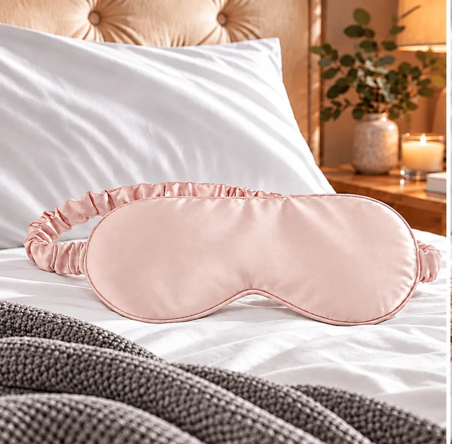Blush pink bamboo lyocell sleep eye mask resting on the bed in a warm, cosy bedroom.