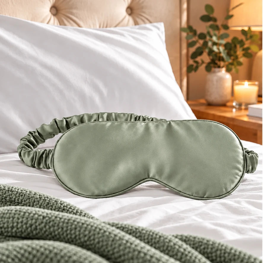 Sage green bamboo lyocell sleep eye mask with adjustable strap by Green Threads Global.