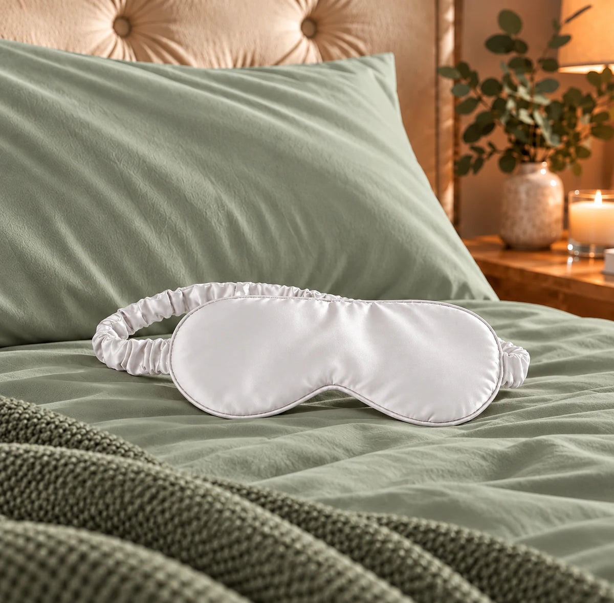 White bamboo lyocell sleep eye mask with a ruched strap on sage green bedding in a cosy bedroom with a tufted headboard and bedside candle.