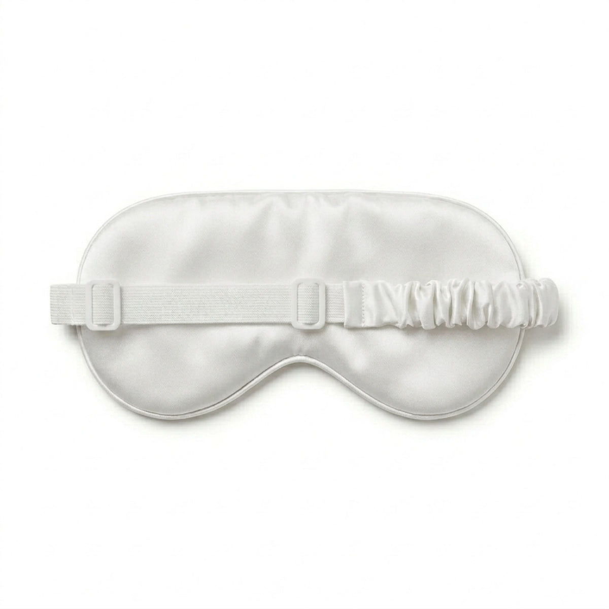 White bamboo lyocell sleep eye mask, close-up of the adjustable elastic strap.