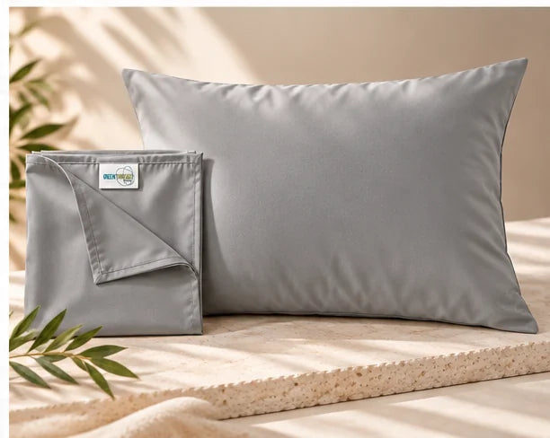 Grey bamboo lyocell pillowcase with matching storage pouch, single standard 50 × 75 cm pillowcase.