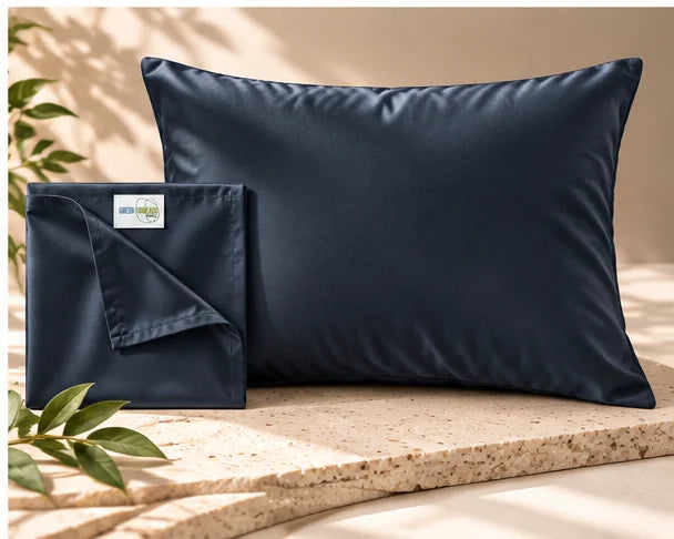 Navy bamboo lyocell pillowcase with matching storage pouch, single standard 50 × 75 cm pillowcase.