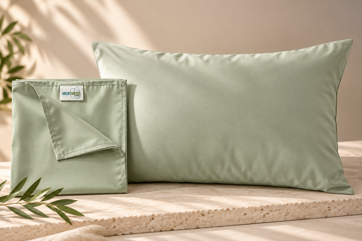 Sage green bamboo lyocell pillowcase with matching storage pouch, single standard 50 × 75 cm pillowcase.