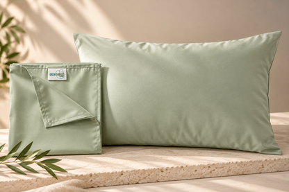 Sage green bamboo lyocell pillowcase with matching storage pouch, single standard 50 × 75 cm pillowcase.