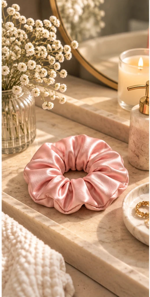 Blush pink bamboo lyocell hair scrunchie on a dressing table tray beside dried flowers and a candle.