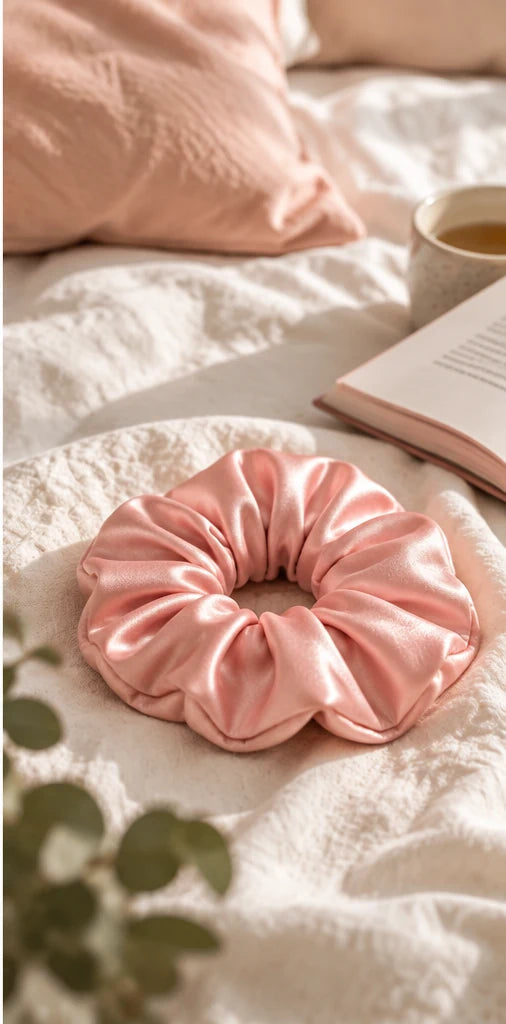 Blush pink bamboo lyocell hair scrunchie on soft white bedding with a pink cushion and greenery.