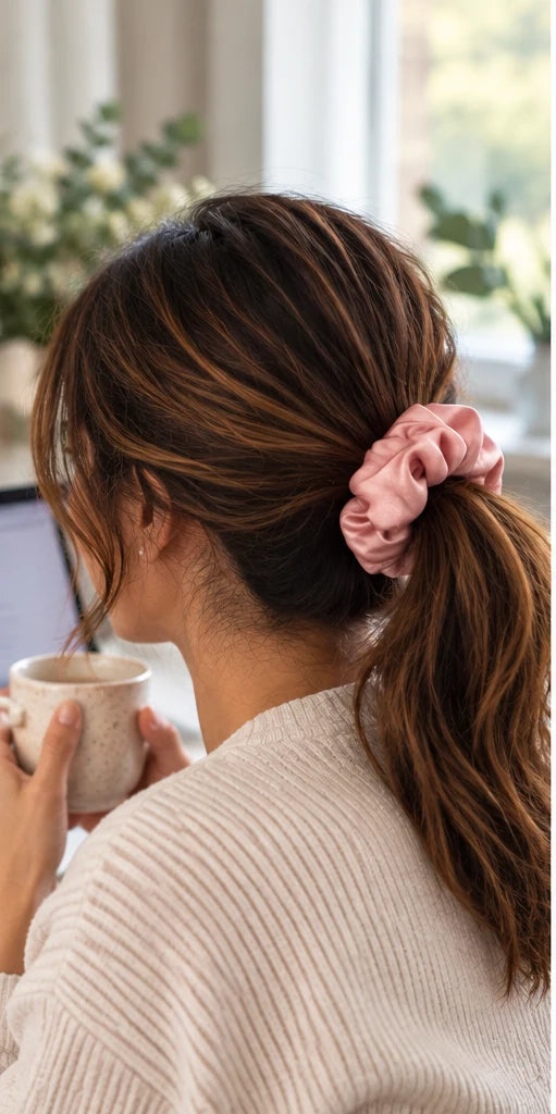 Woman with a ponytail tied with a blush pink bamboo lyocell hair scrunchie, holding a mug of coffee.