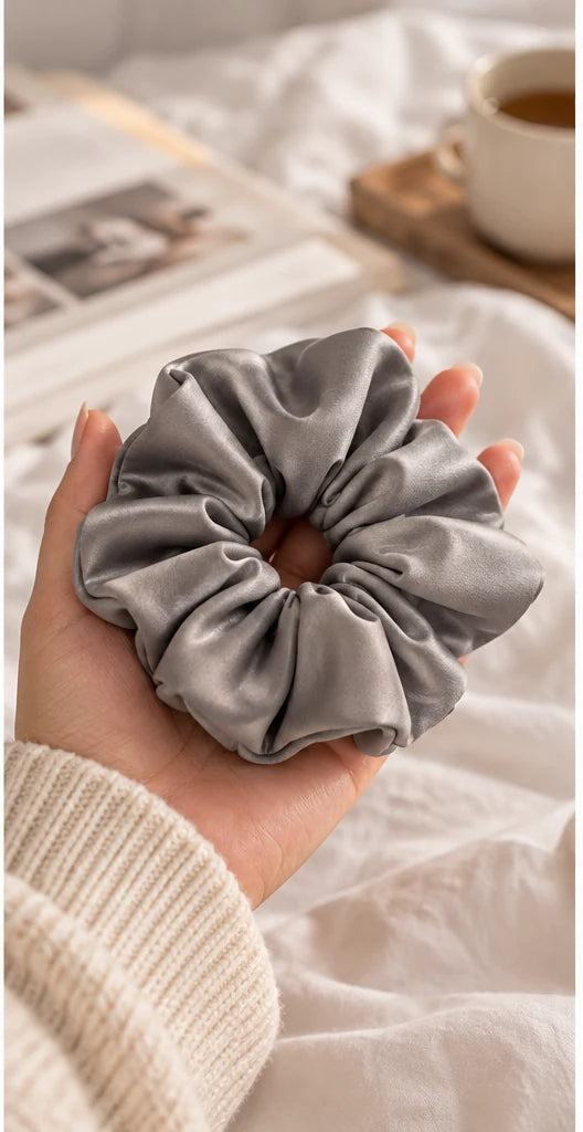Hand holding a grey bamboo lyocell hair scrunchie, showing its soft, gathered fabric.