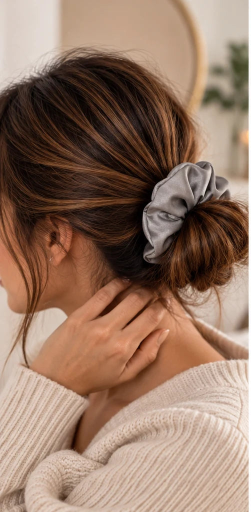 Woman with a low bun tied with a grey bamboo lyocell hair scrunchie, resting her hand on her neck.