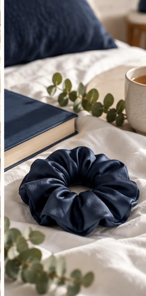 Navy bamboo lyocell hair scrunchie on white bedding beside a stack of books and eucalyptus sprigs.