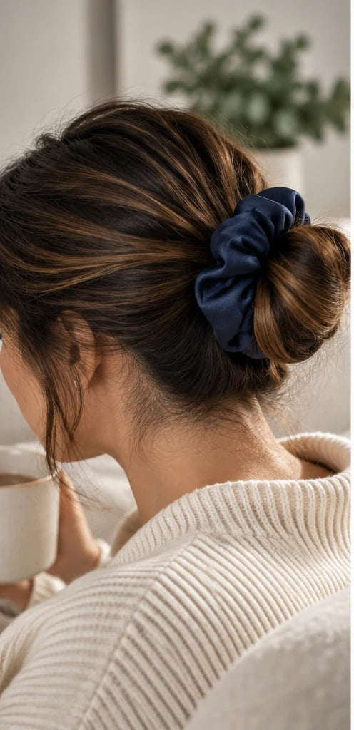 Woman with a messy bun tied with a navy bamboo lyocell hair scrunchie, wearing a cream knit jumper.