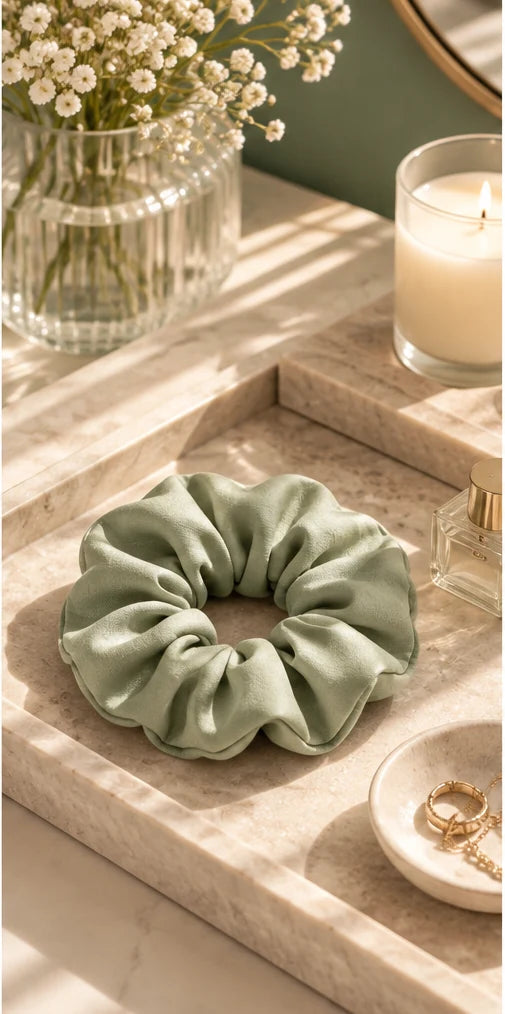 Sage green bamboo lyocell hair scrunchie on a dressing table tray beside a candle, dried flowers and a trinket dish.