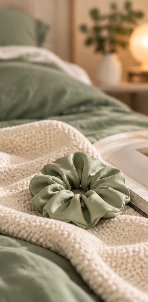 Sage green bamboo lyocell hair scrunchie on a cream knit throw over sage green bedding.