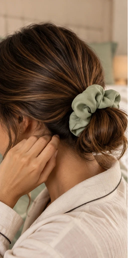 Woman with a low bun tied with a sage green bamboo lyocell hair scrunchie, resting her hand on her neck.