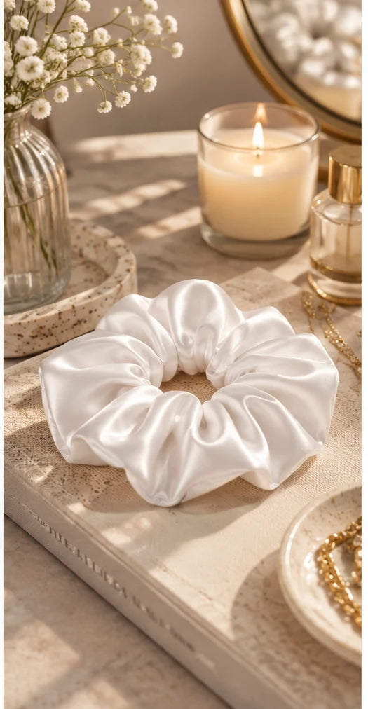 White bamboo lyocell hair scrunchie on a wooden dressing table tray beside a lit candle and dried flowers.