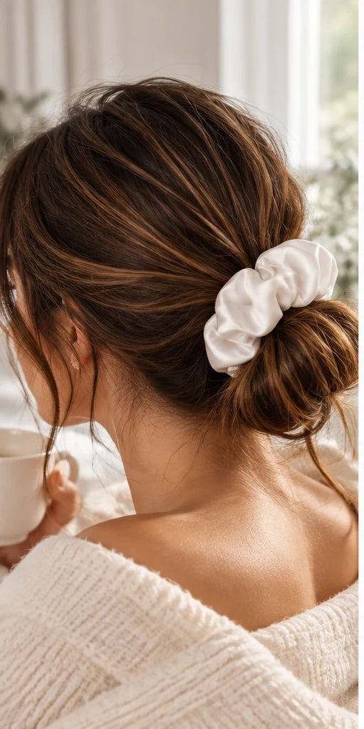 Woman with her hair in a low bun tied with a white bamboo lyocell hair scrunchie, seen from behind.
