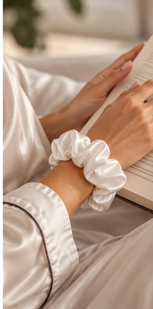 Woman reading in bed wearing a white bamboo lyocell hair scrunchie on her wrist, in soft morning light.