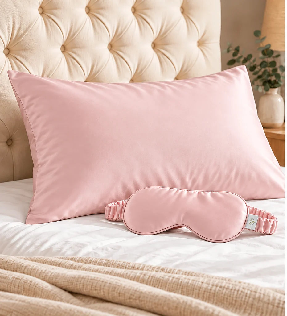The Sleep Duo in blush pink: bamboo lyocell pillowcase and matching eye mask on a bed with a tufted headboard.