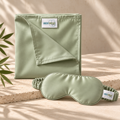 The Sleep Duo in sage green: folded bamboo lyocell pillowcase with matching sleep eye mask.