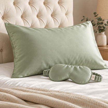 The Sleep Duo in sage green: bamboo lyocell pillowcase and matching eye mask on a bed with a tufted headboard.