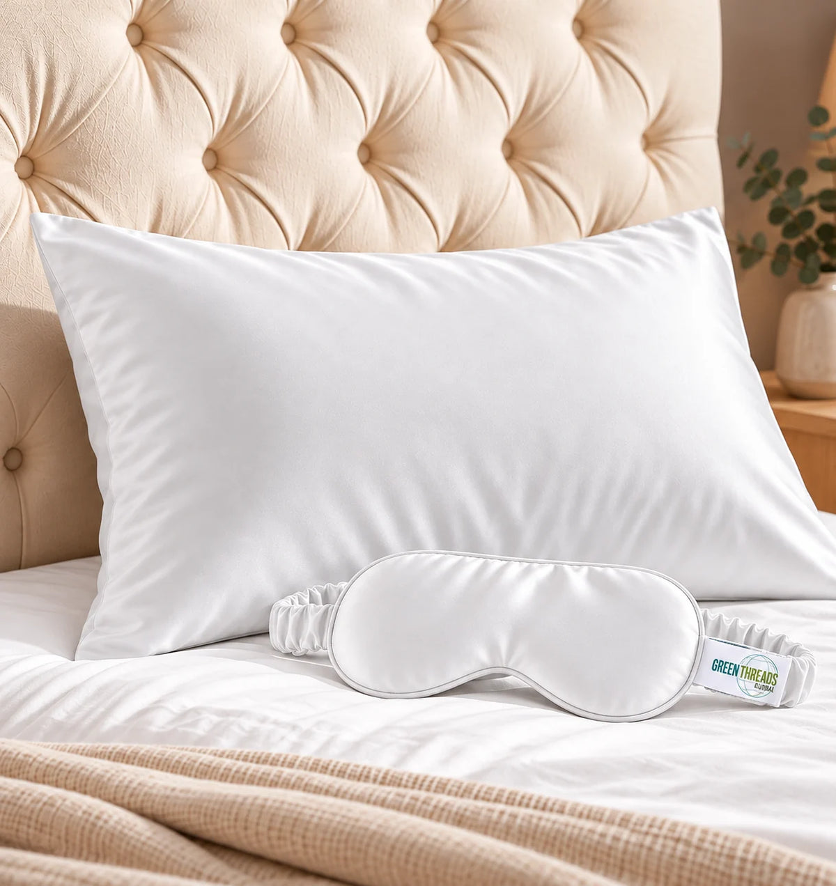 The Sleep Duo in white: bamboo lyocell pillowcase and matching eye mask on a bed with a tufted headboard.
