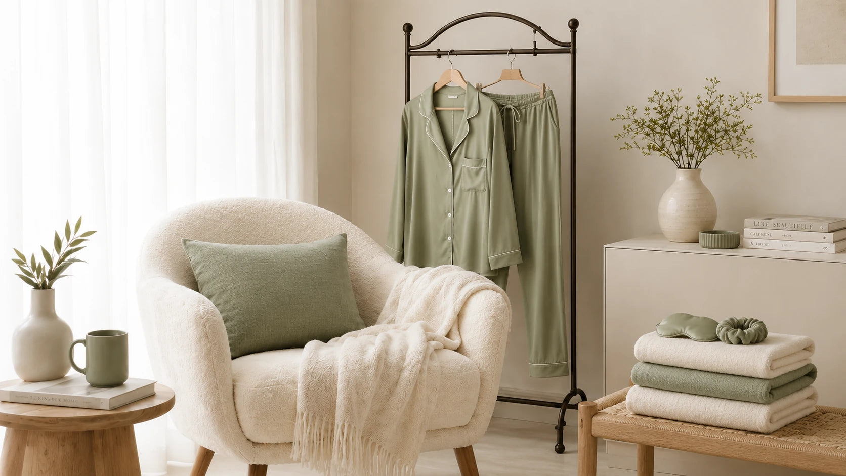 Essential Sleep Solution™ luxury bamboo lyocell gift set in Sage featuring two pillowcases, eye mask and scrunchie beautifully presented in a premium gift box.
