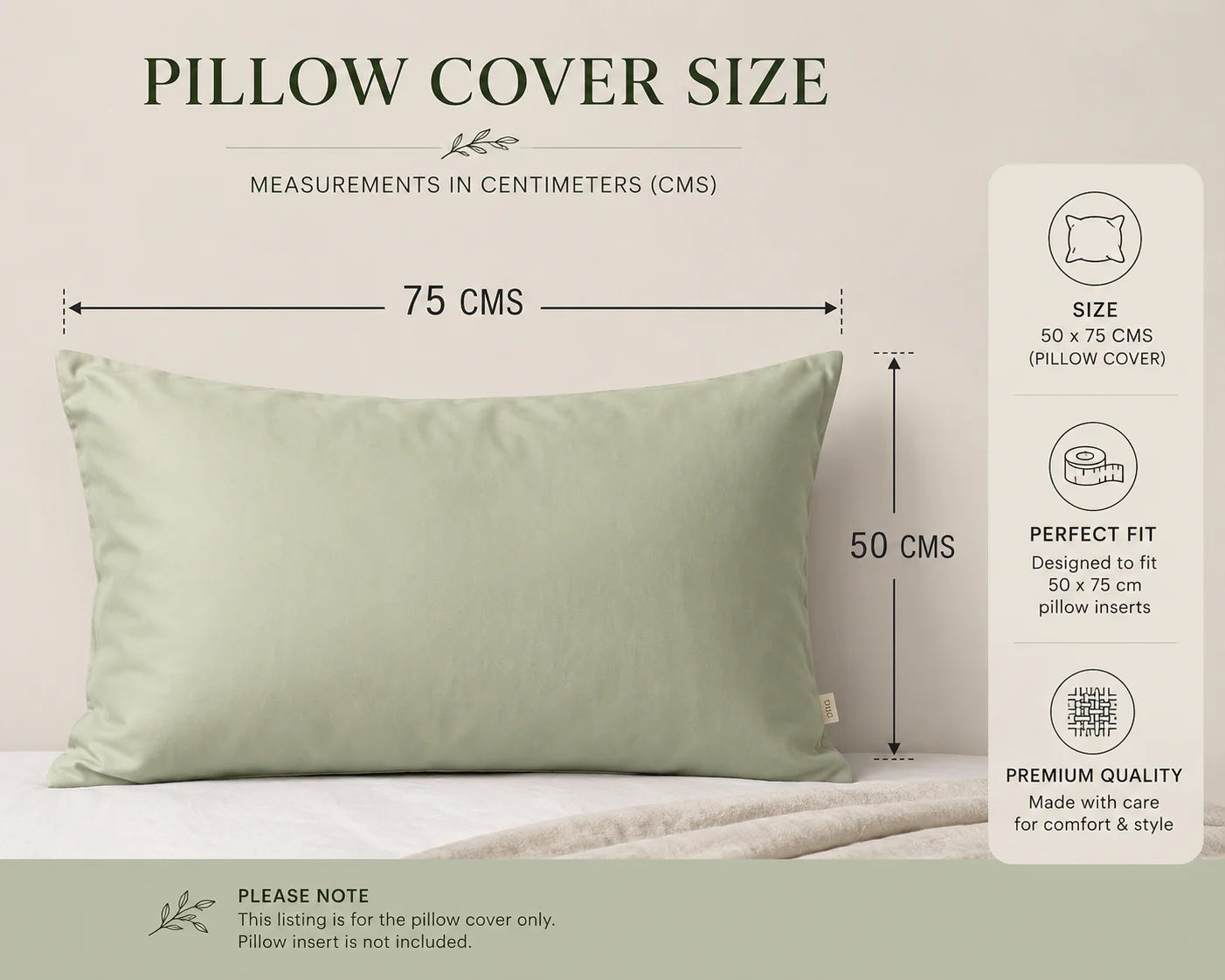 Sage bamboo lyocell pillowcase size guide showing standard 50 × 75 cm dimensions.