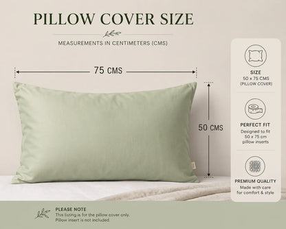 Sage bamboo lyocell pillowcase size guide showing standard 50 × 75 cm dimensions.