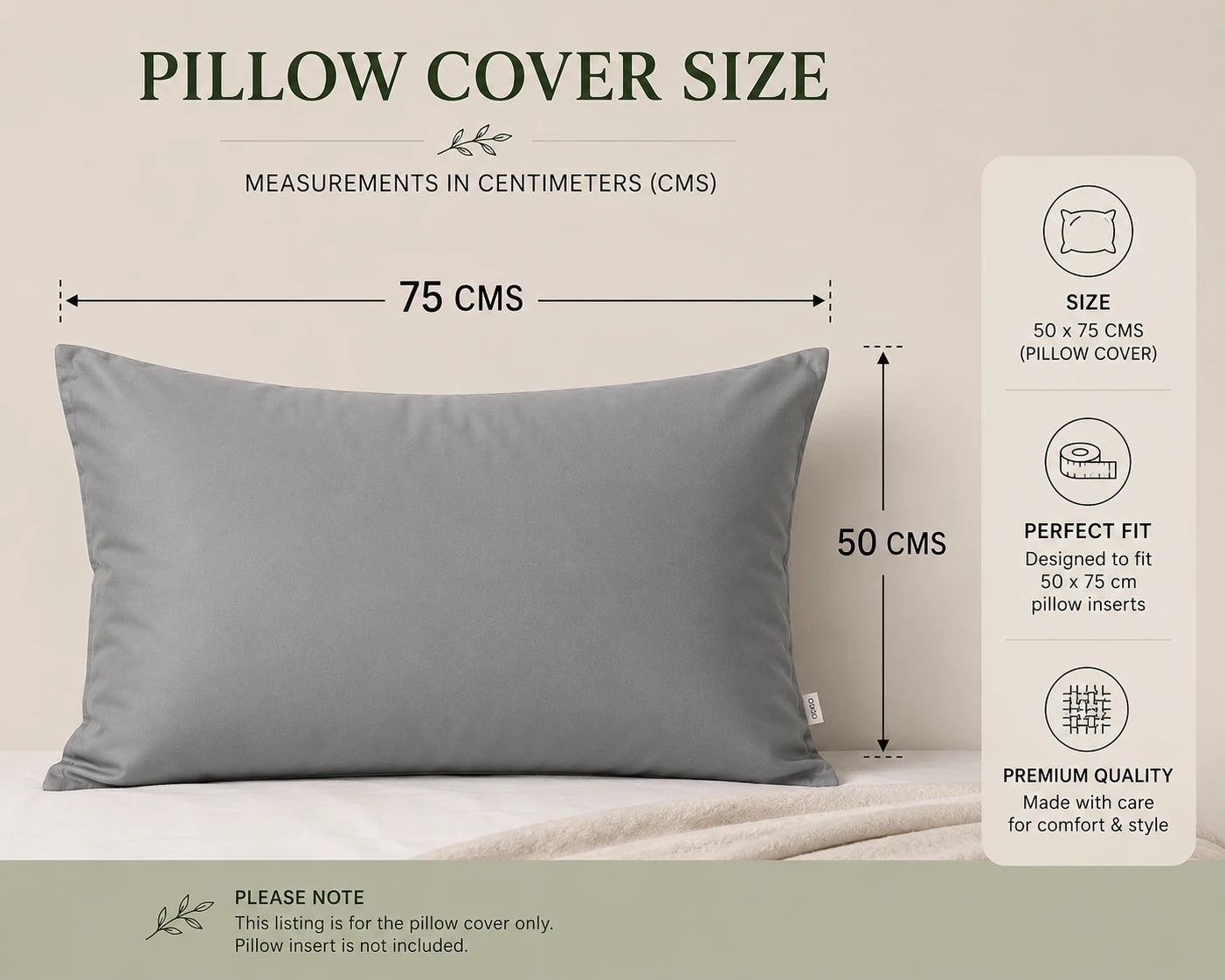 Grey bamboo lyocell pillowcase size guide showing standard 50 × 75 cm dimensions.