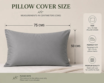 Grey bamboo lyocell pillowcase size guide showing standard 50 × 75 cm dimensions.