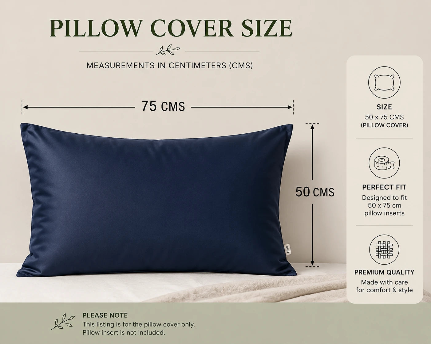 Navy bamboo lyocell pillowcase size guide showing standard 50 × 75 cm dimensions.
