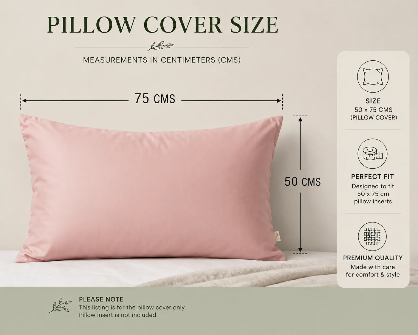 Pink bamboo lyocell pillowcase size guide showing standard 50 × 75 cm dimensions.
