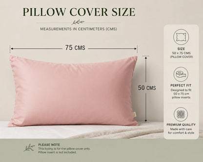 Pink bamboo lyocell pillowcase size guide showing standard 50 × 75 cm dimensions.