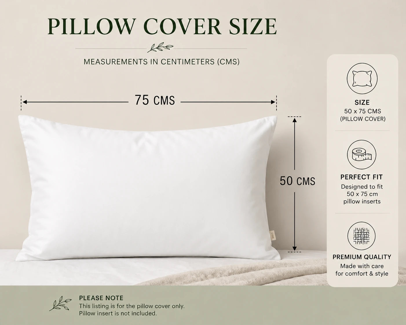 White bamboo lyocell pillowcase size guide showing standard 50 × 75 cm dimensions.