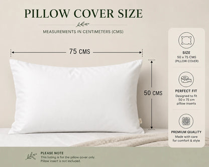 White bamboo lyocell pillowcase size guide showing standard 50 × 75 cm dimensions.