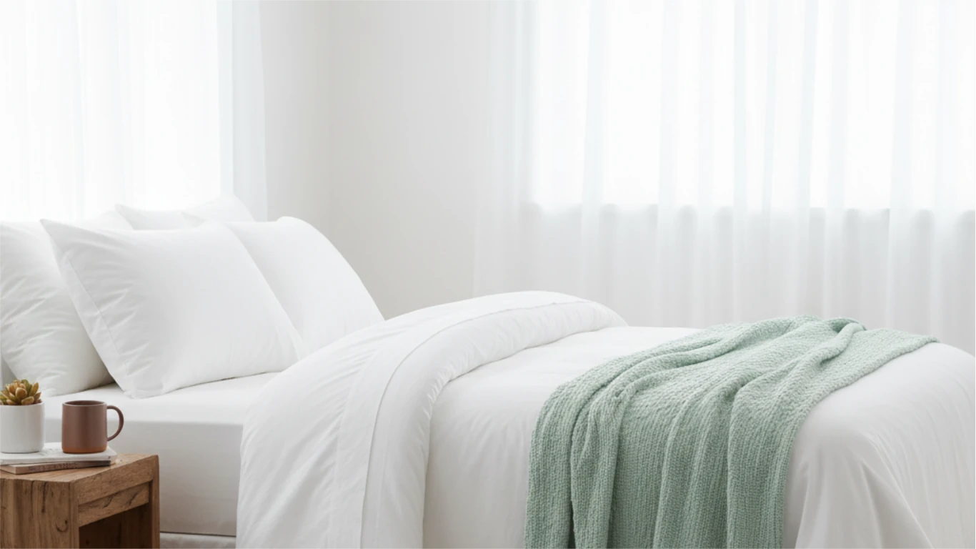 Bed with white bedding and a green throw blanket in a bright bedroom.