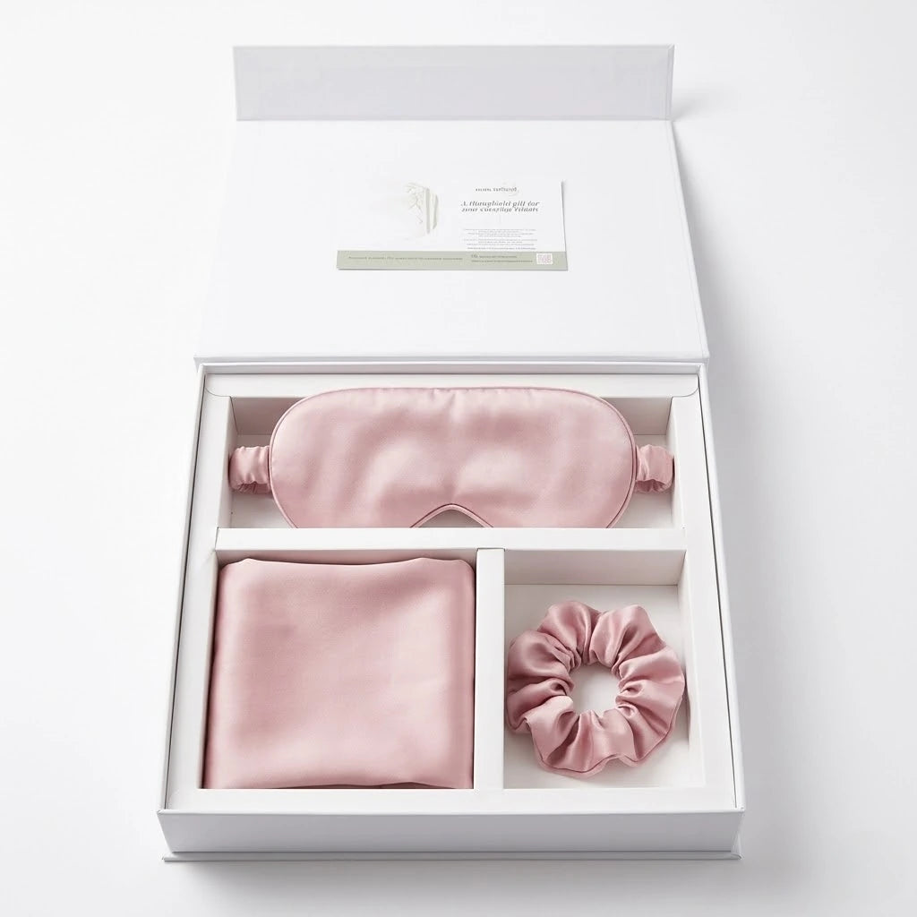 Essential Sleep Solution™ bamboo lyocell gift set in Pink featuring two pillowcases, eye mask and scrunchie beautifully presented in a premium gift box.