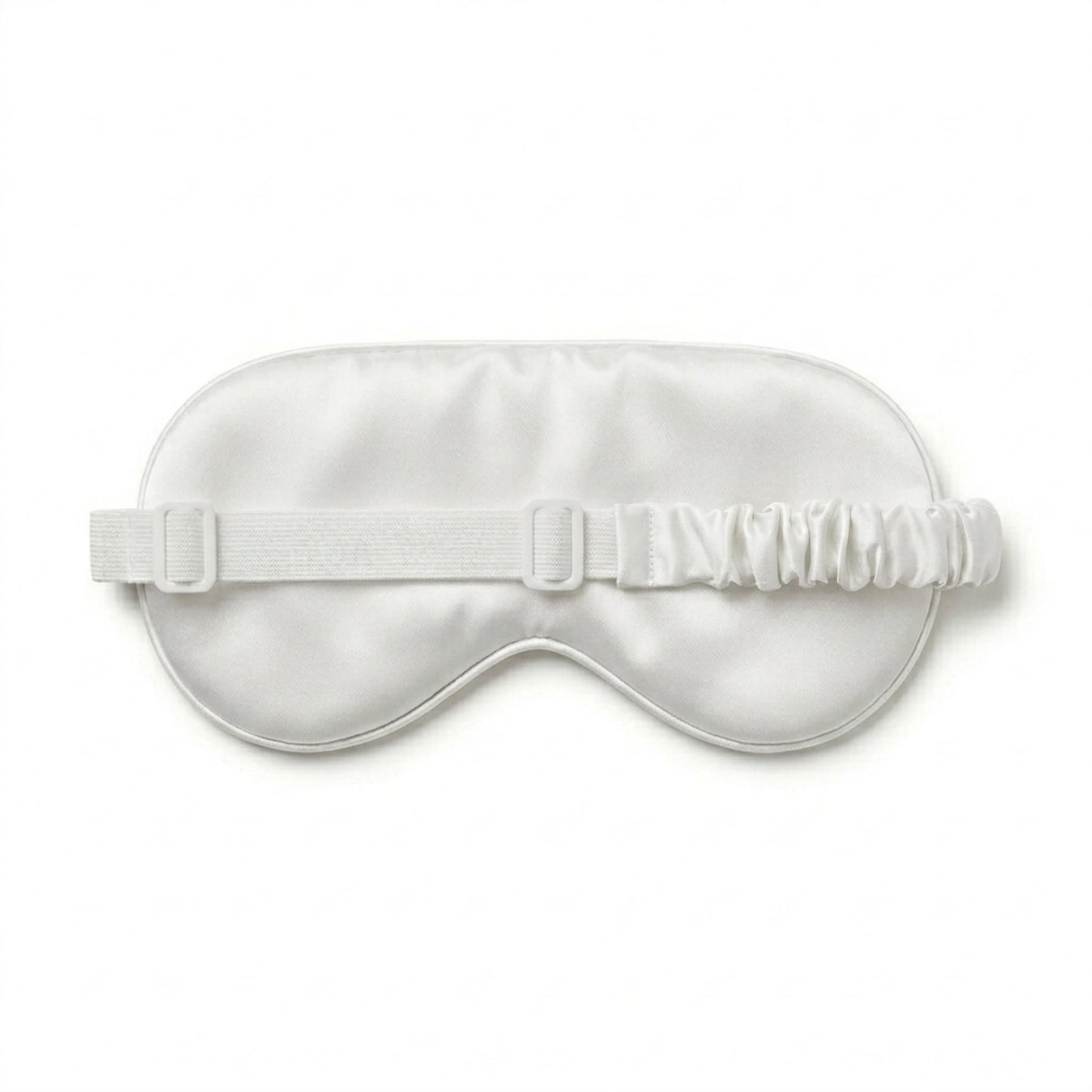 White bamboo lyocell sleep eye mask — adjustable elastic strap detail close-up.